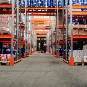 Warehouse with Stock on Metal Shelves